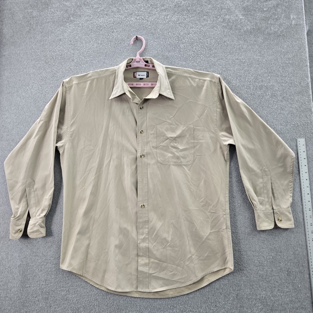 Chaps Ralph Lauren Men Button Up Shirt L Brown Nylon Polyester Logo Long Sleeve